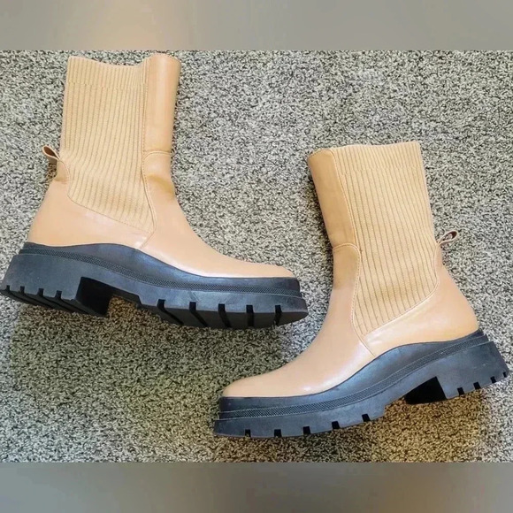 Camel Knitted Panel Wave Sole Chunky Calf High Ankle Boots, womens size 9 - Picture 1 of 12